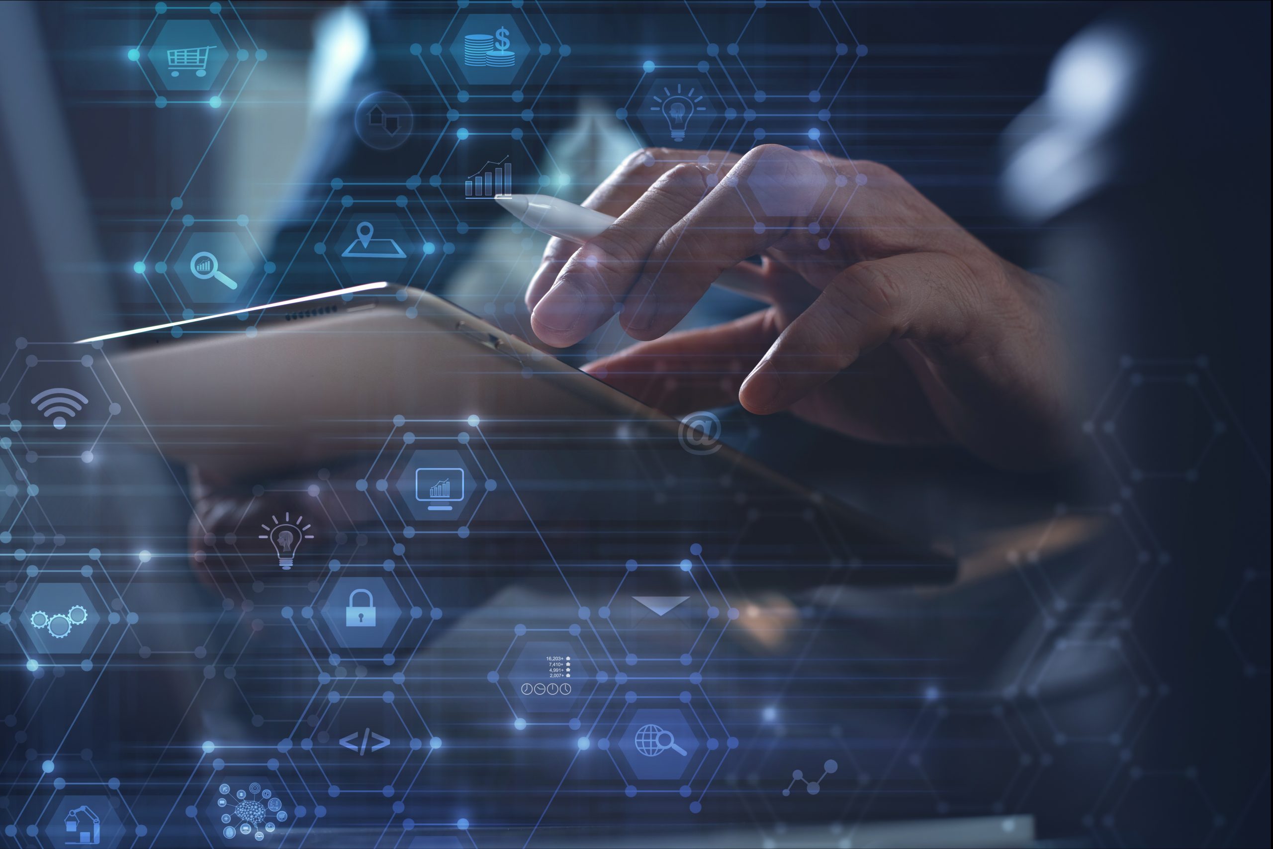 Man using digital tablet and laptop computer with web icons, digital marketing, omnichannel, smart business and technology background on virtual screen